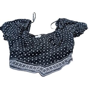 Japna Black & White Floral Crop Top | Boho Prairie Puff Sleeve Women's Large